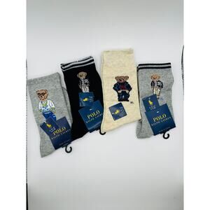 4 pairs NWT POLO Ralph Lauren Bear-motif Socks size Medium 6-10